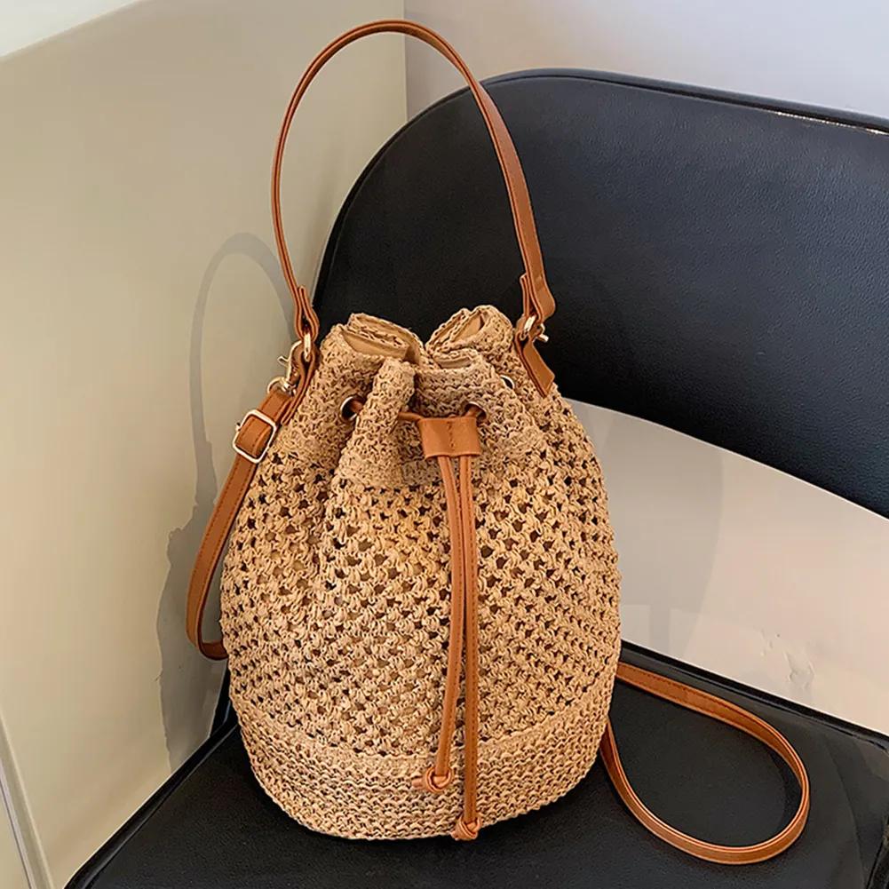 Summer Women Handbags Drawstring Straw Beach Crossbody Bags Adjustable Strap Fashion Casual Simple Elegant For Weekend_voghion.com