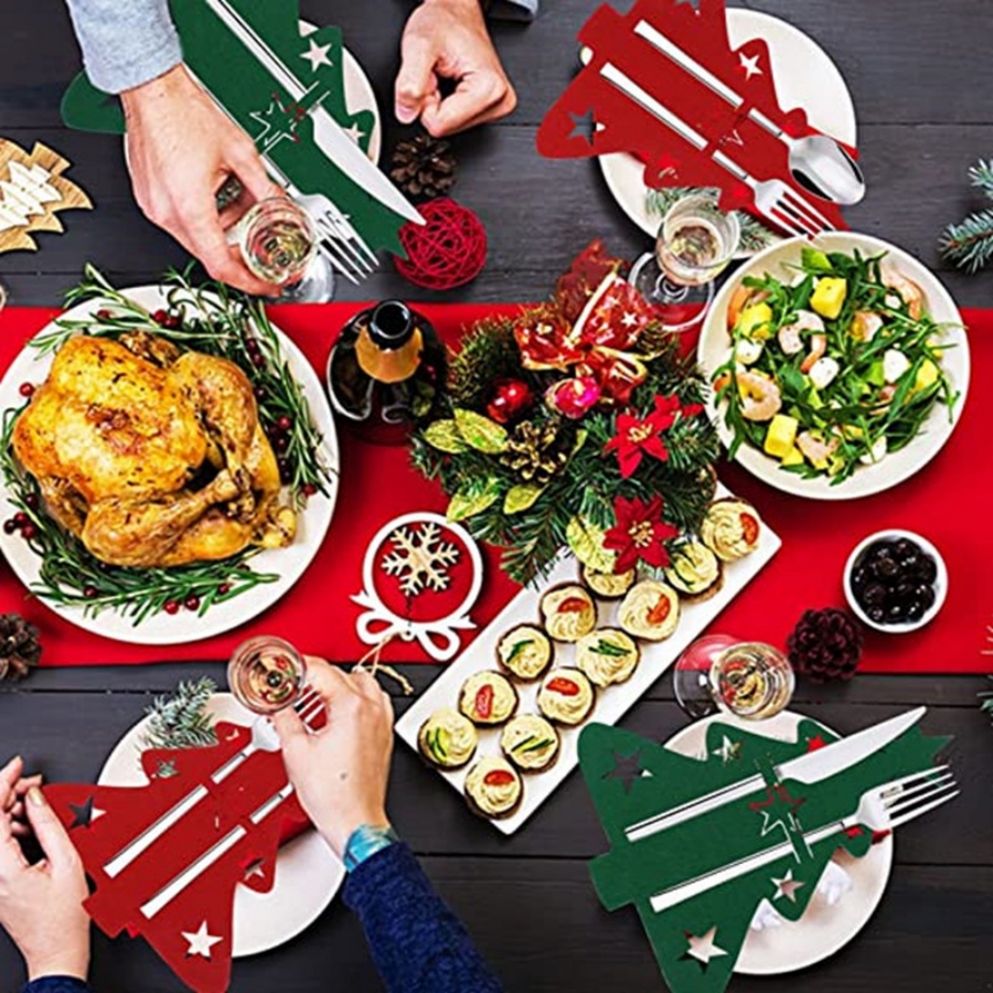 Lot de 4 porte-couverts en feutre pour sapin de Noël, décoration à suspendre pour couverts, table de fête, dîner, cuisine, set de table, dessous de verre_voghion.com