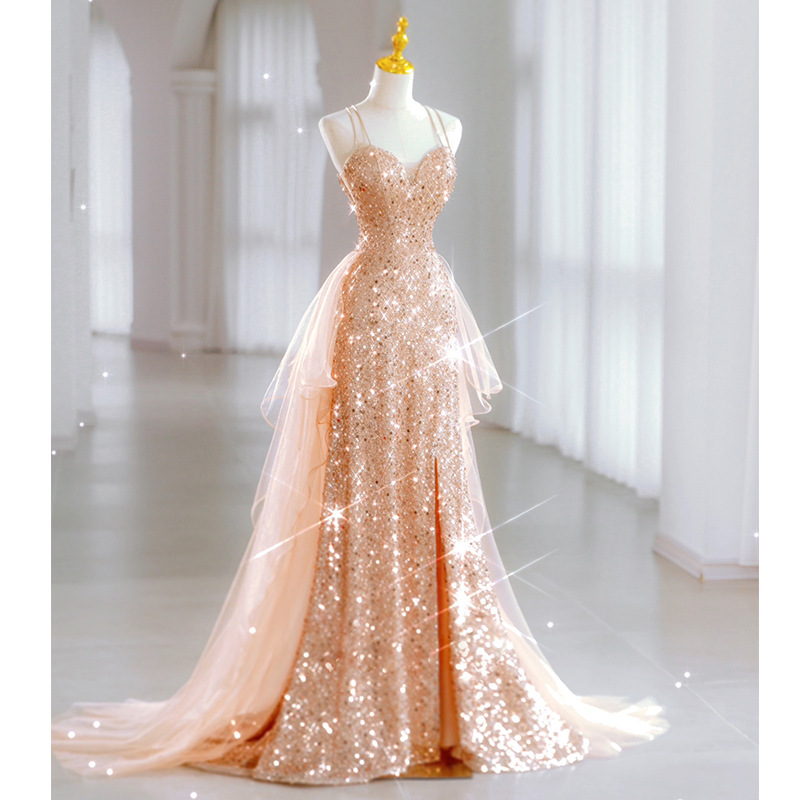 Women’s Clothing Sequined Evening Dress 2025 Summer New Sling Sexy Light Luxury Party Dress Skirt Sister Group Banquet Evening Dress