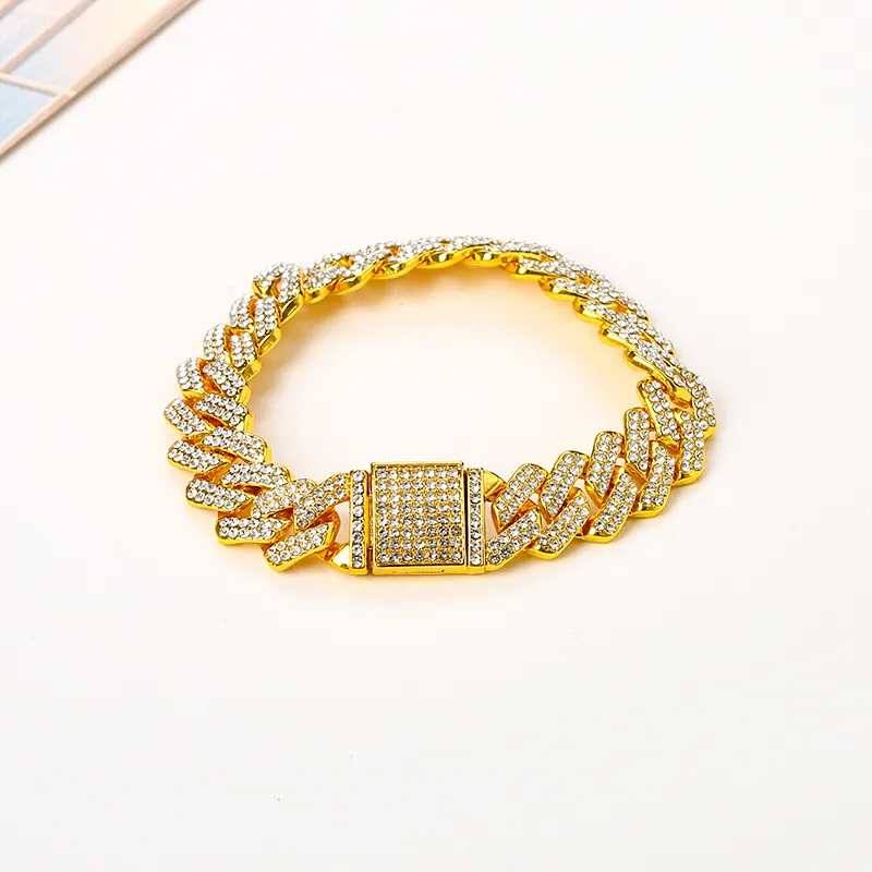 Personalized Hip-Hop BuckleNecklace Full Diamond Flip Buckle Fashionable Punk Thick Bangle Cuban Bracelet Couple Jewelry_voghion.com