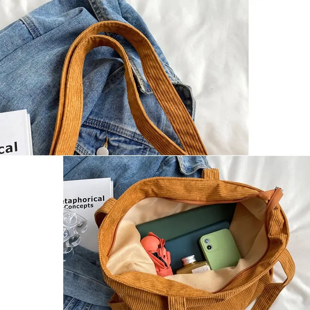 Dame skulderhåndtasker Corduroy tote stor indkøbstaske 240822_voghion.com