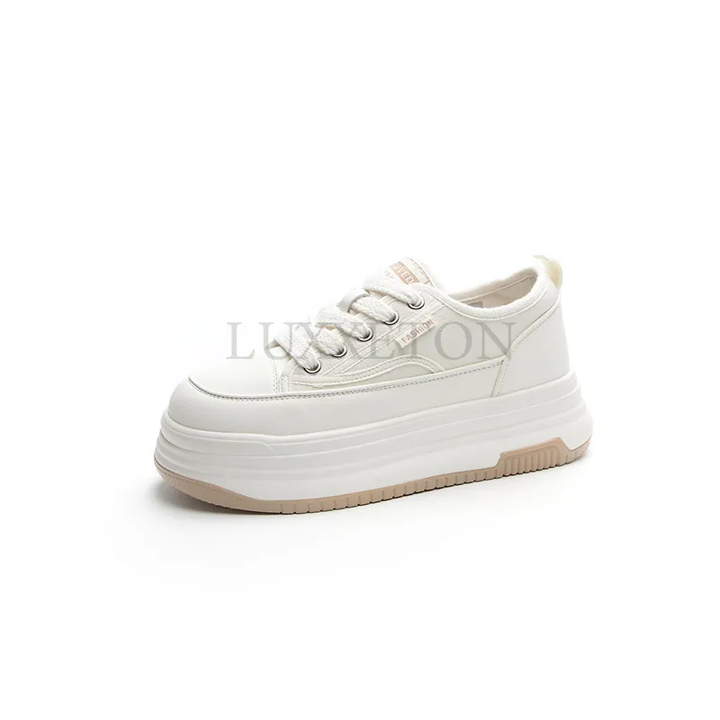 Genuine Leather Thick Sole Round Toe Raised Small White Casual Comfortable Trendy And Versatile Women Board Shoes_voghion.com