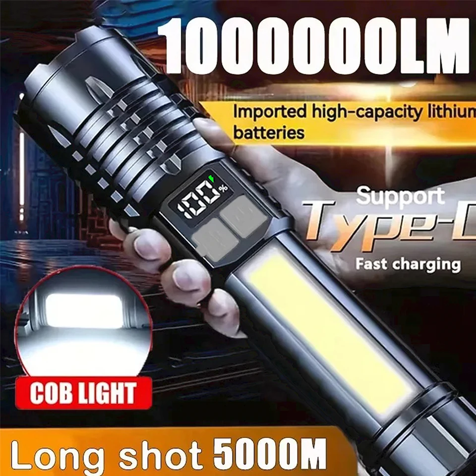 Hochleistungs-LED-Taschenlampe, leistungsstarke, wiederaufladbare COB-Taschenlampe vom Typ C mit Seitenlicht, Taschenlampe für Outdoor-Camping-Wandern_voghion.com