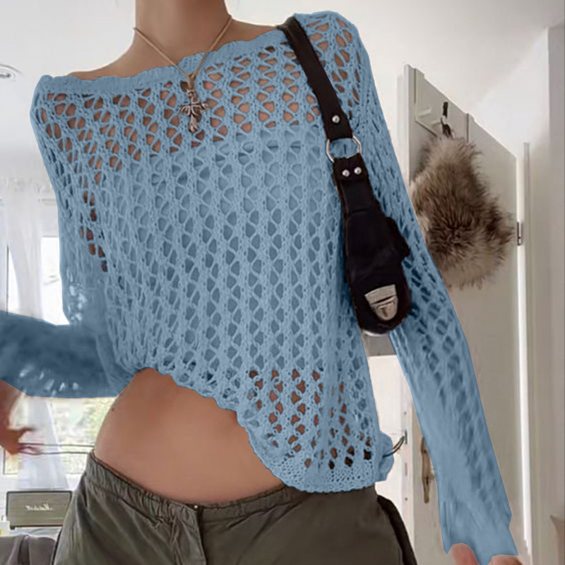 Damenmode einfarbiges, lockeres, perspektivisches Gitter-Langarm-Top_voghion.com