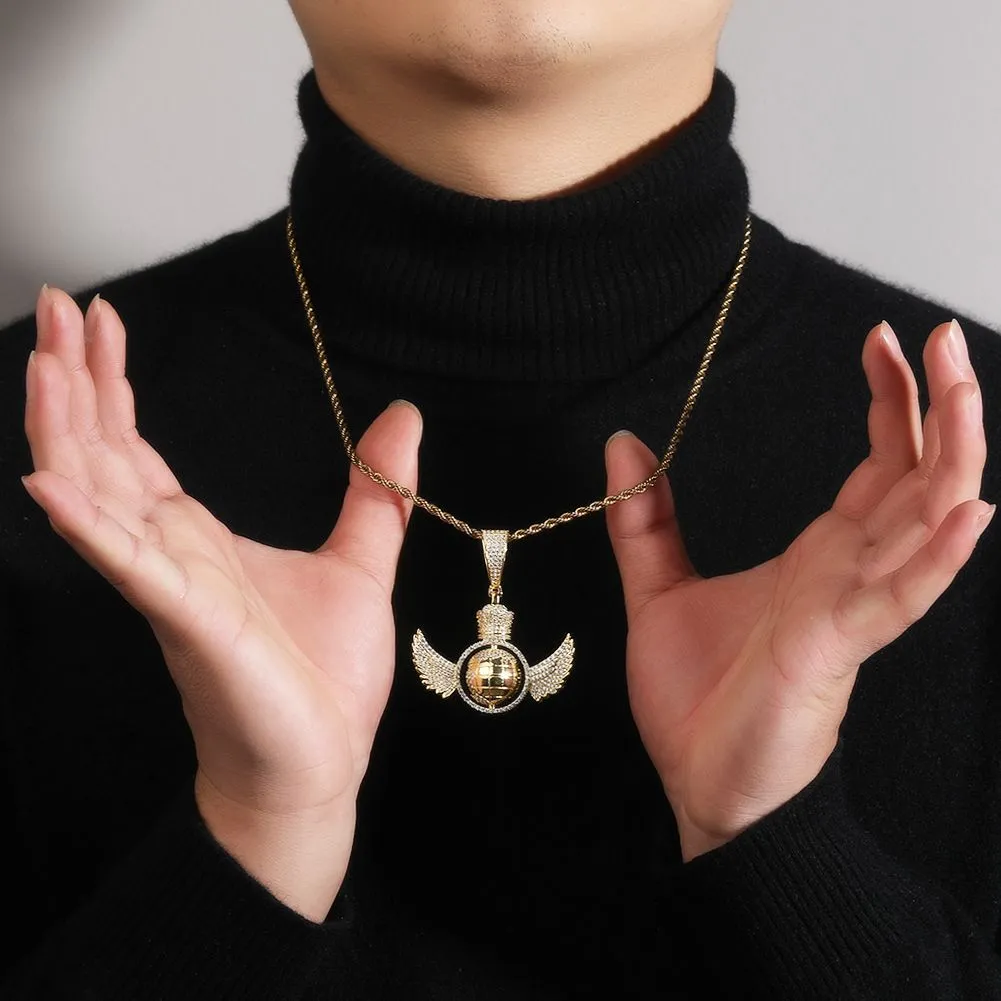 Hip Hop Engelsflügel drehen den Globus Anhänger Halskette voller 5A Zirkon echt vergoldet Schmuck_voghion.com