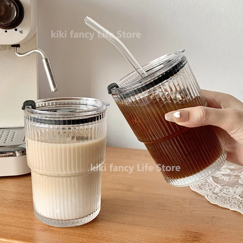 450ml Simple Stripe Coffee Glass Cup With Lid and Straw Transparent Bubble Tea Cup Juice Glass Milk Mocha Cups Breakfast Mug_voghion.com