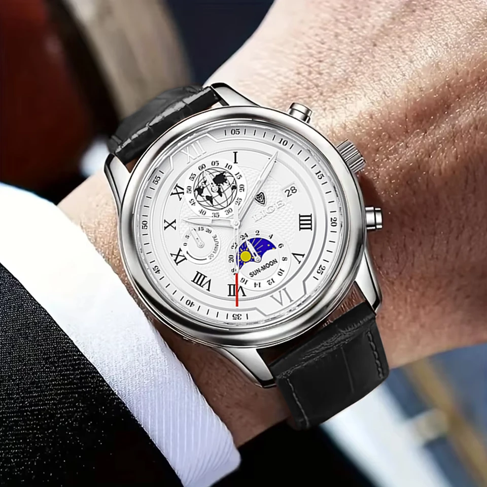 Mens Chronograph Leather Watch Waterproof Sport Automatic Date_voghion.com