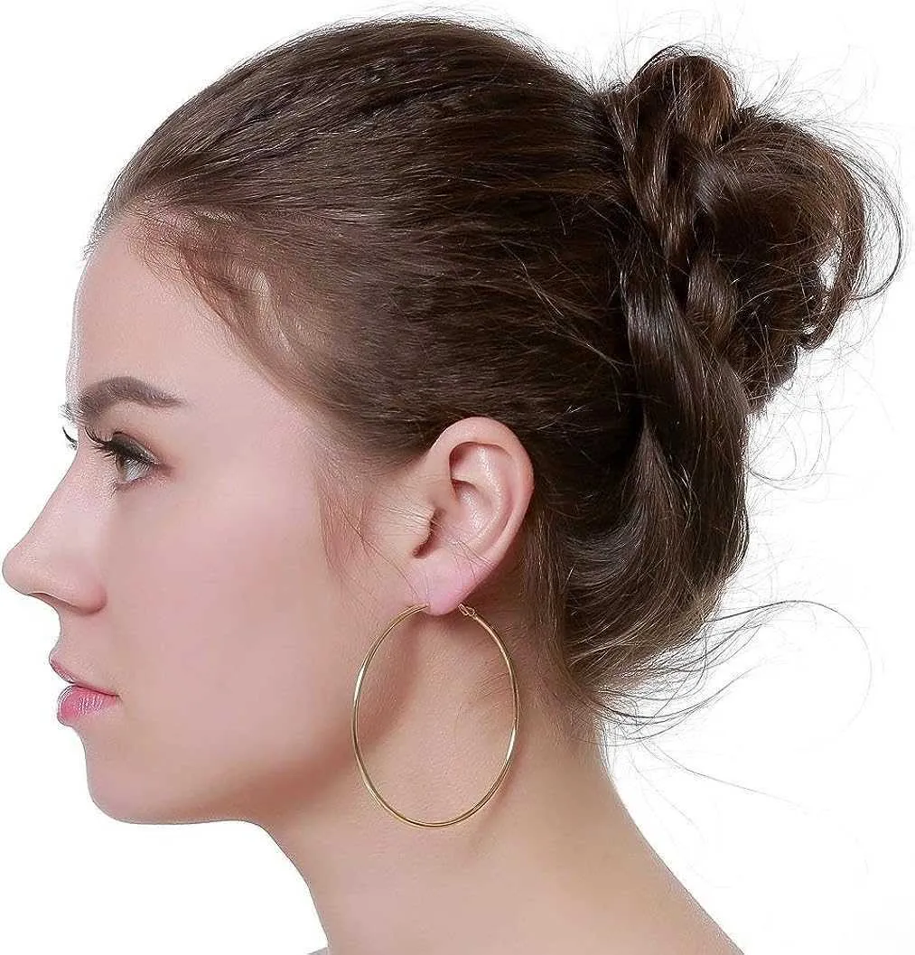 Squisiti orecchini ad anello grande in oro 14 carati da 70 mm per le donne Ragazze orecchie sensibili Cerchio di moda Hie Cerchio anti-allergia_voghion.com