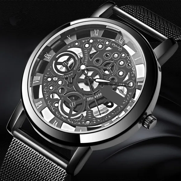 Mens Fashion Hollow Watches Men Business Watch Male Stainless Steel Mesh Belt Skeleton Quartz Wrist Watch Relogio Masculino_voghion.com