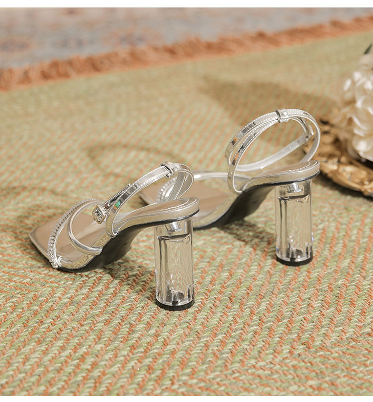 Scarpe da donna alte estive da donna, tacco spesso, punta quadrata, cinturino dritto alla francese, argento versatile_voghion.com
