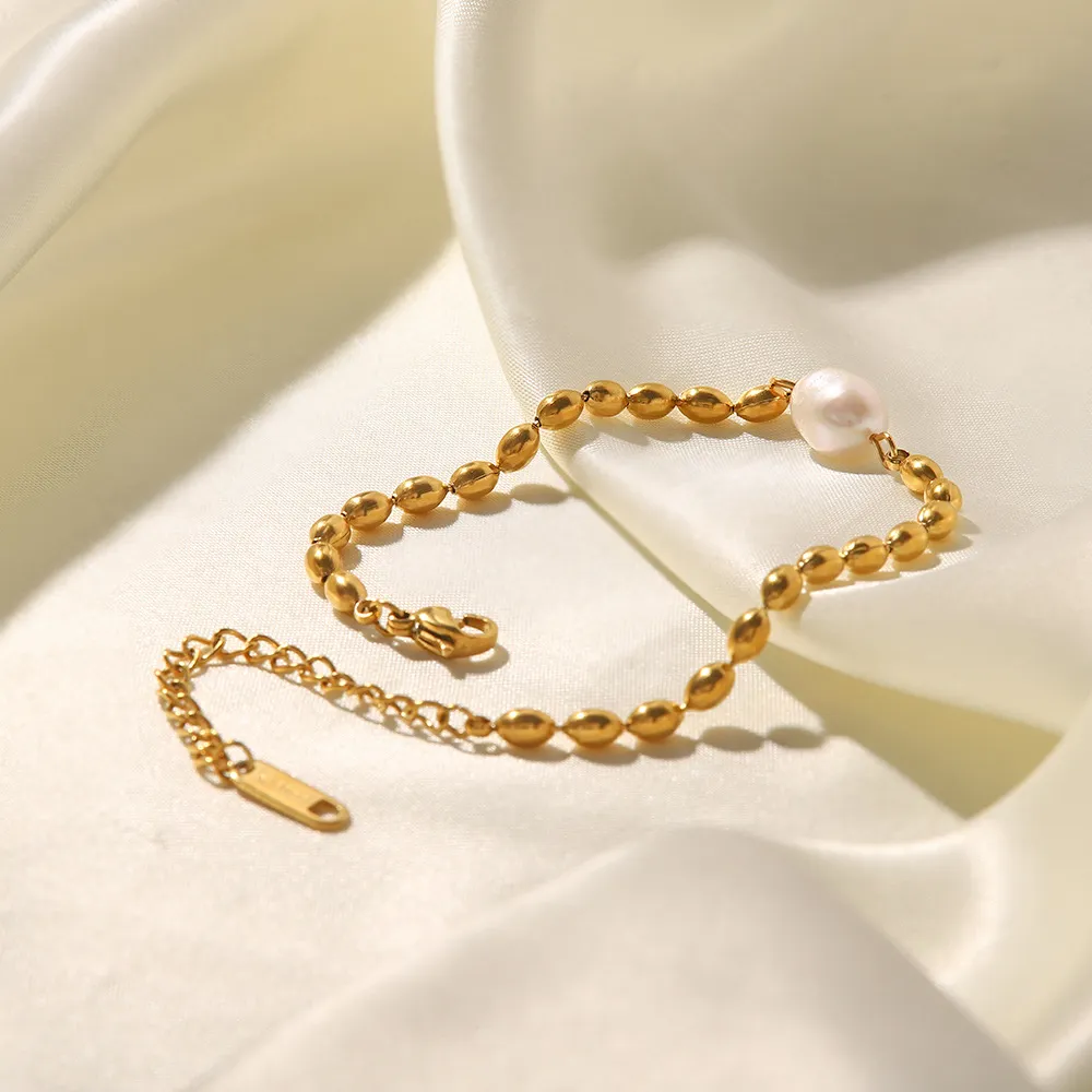 Set collana e bracciale a catena con perle in acciaio donna_voghion.com