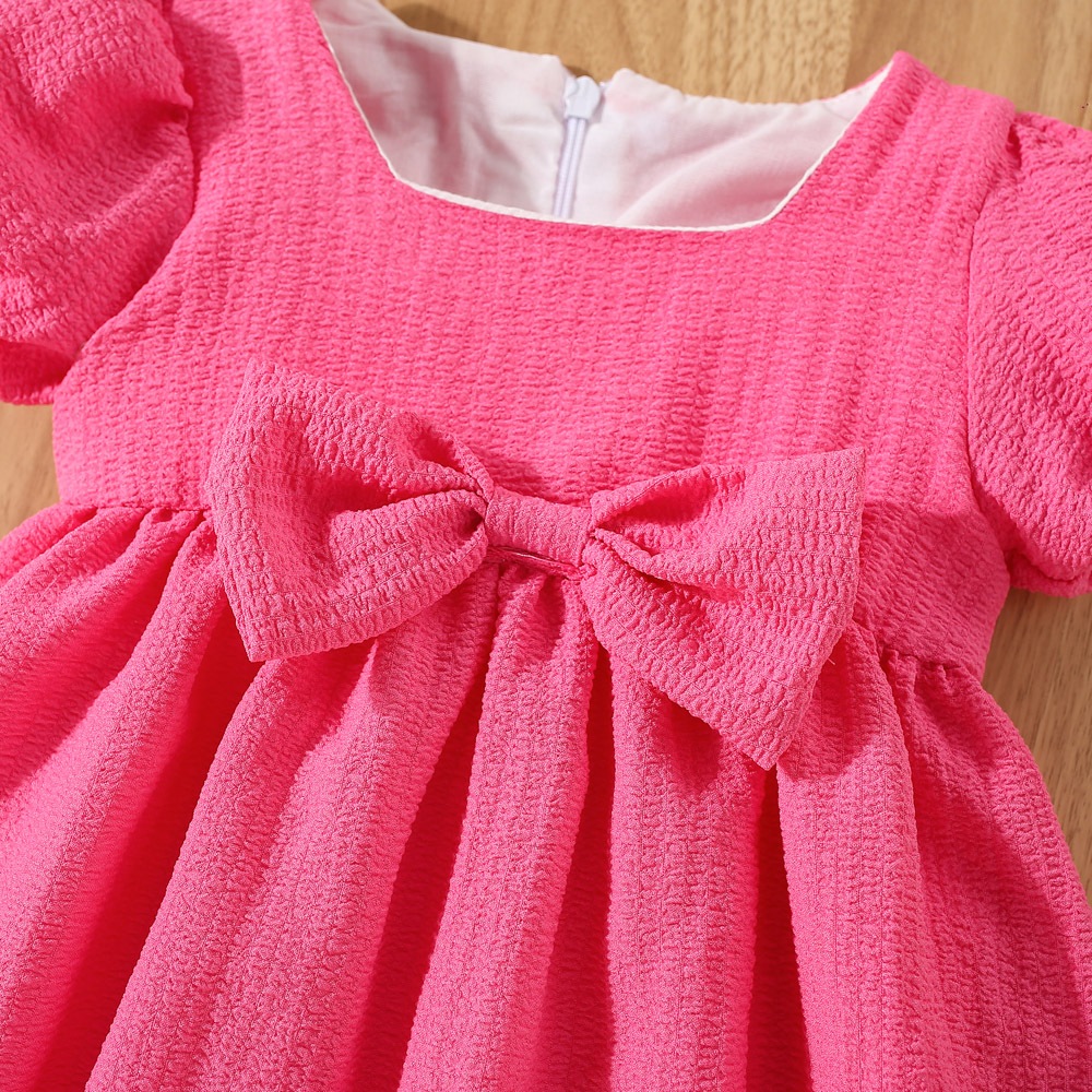 Vestido de verano de manga corta para niña, color liso, con mangas abullonadas y lazo, ropa cómoda para niños_voghion.com