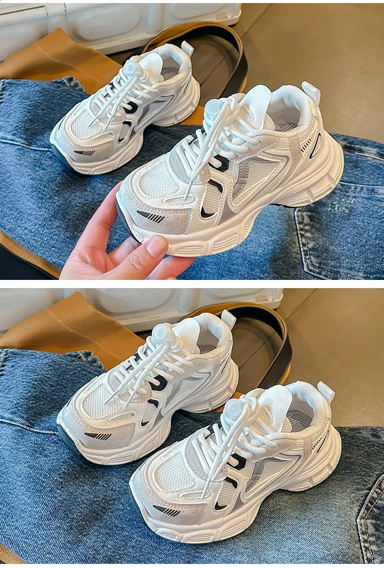 Scarpe sportive casual traspiranti per bambini, corte, paffute, bianche, a righe, con lacci, per tennis da bambini, primavera, 6-14 anni_voghion.com