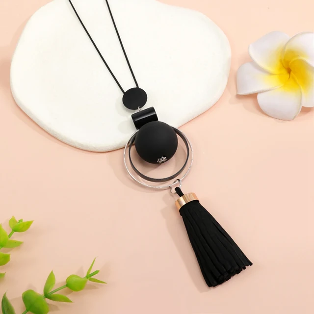Modna boho retro ogrlica s dugim džemperom i crnim privjeskom s resicama za žene, modni nakit_voghion.com