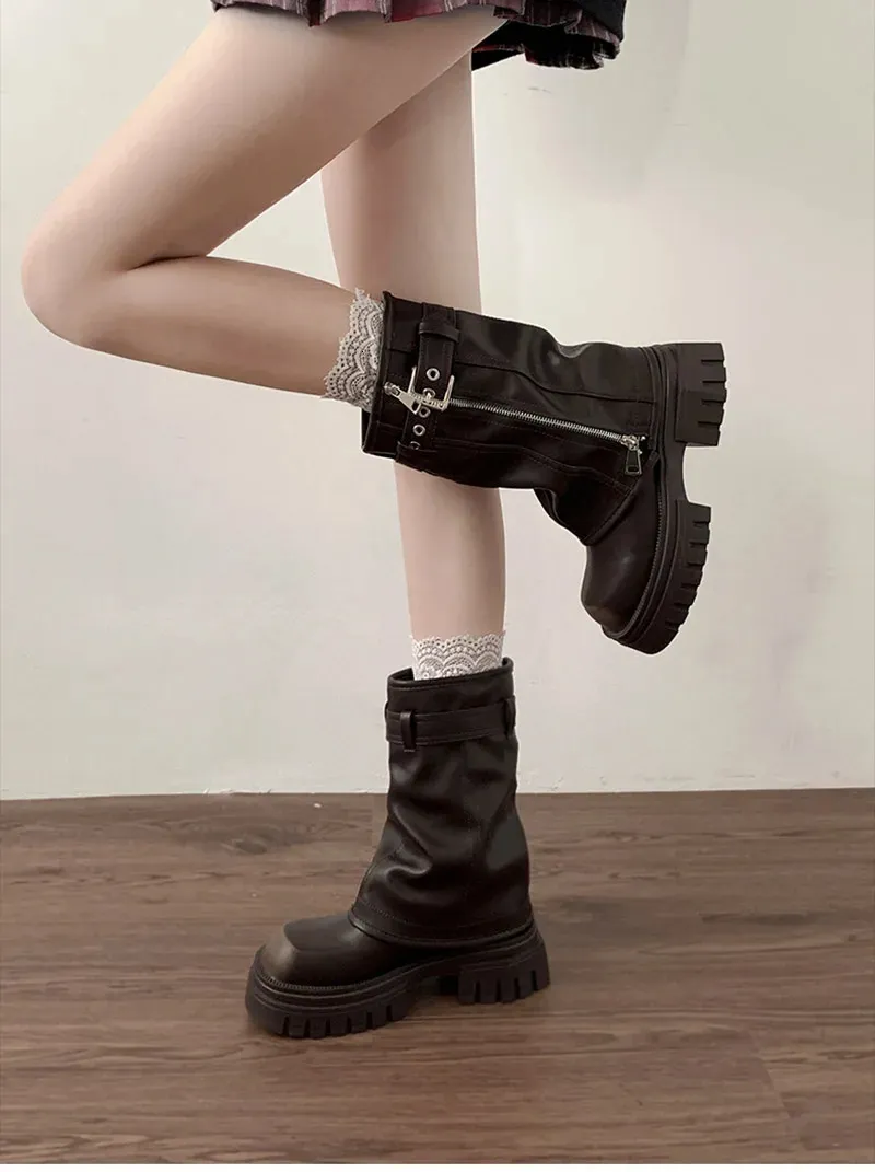 Elegant Women's Biker Boots With Belt Buckle And Platform Flat Sole_voghion.com
