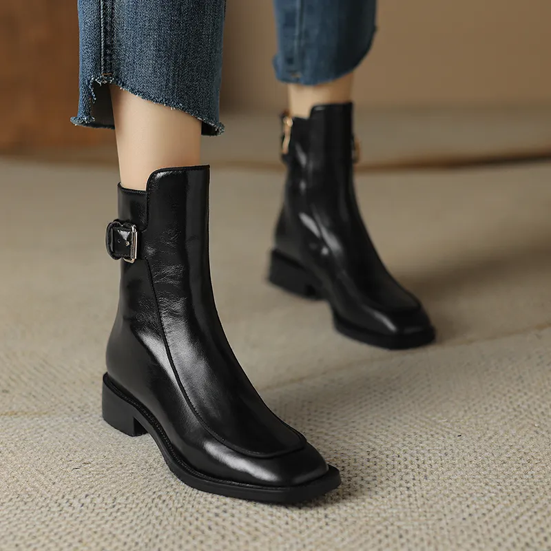 2024 New Autumn Square Toe Low Heel Women Shoes Genuine Brown Ankle Block Retro Leather Boots 3d39_voghion.com