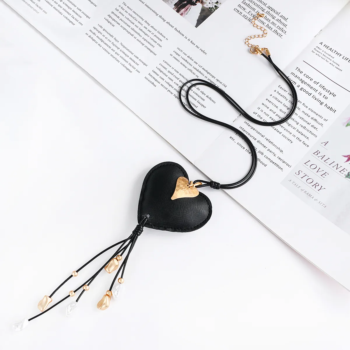 Catene ALLYES Bohemian Nero Grande Cuore Ciondolo Collana Per Le Donne Perline Di Metallo Nappa Lunga Pelle Coppia Regali_voghion.com