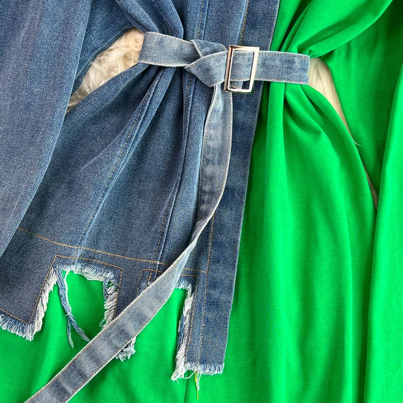 Damenbekleidung Temperament Taille mit Gürtel farblich passendes Denim lässiges mittellanges T-Shirt-Kleid_voghion.com