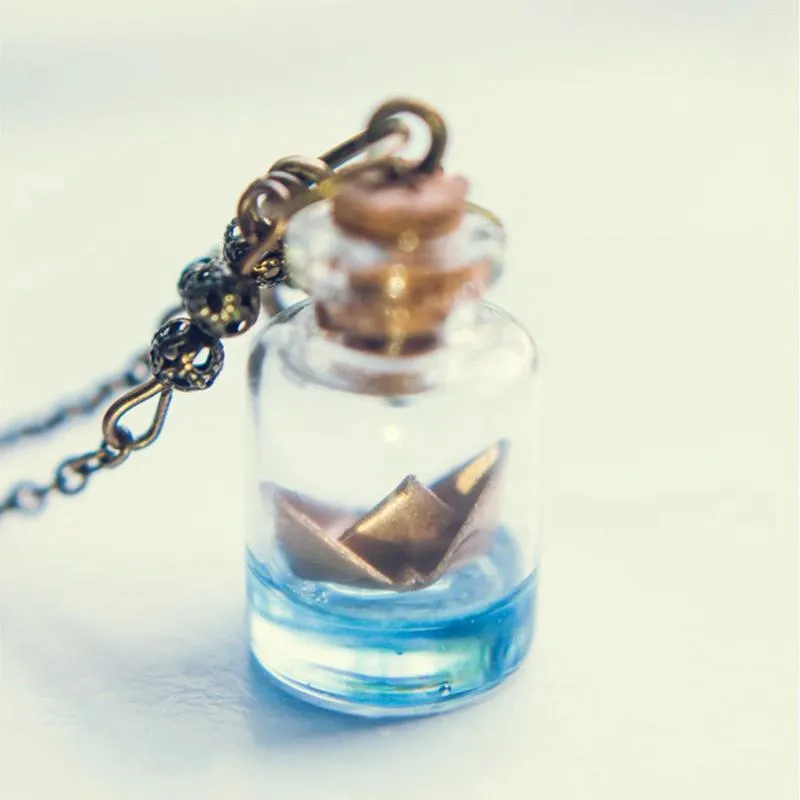 Collier en forme de bouteille en papier doré avec pendentif en verre et origami océan, joli cadeau pour elle_voghion.com