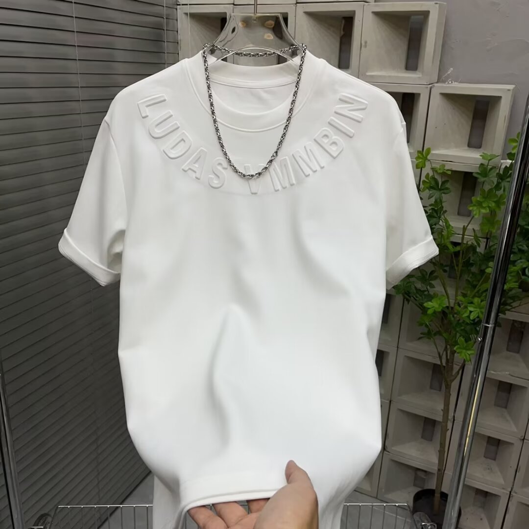 Men's Clothing neck pullover heavy short sleeved T shirt with embroidered letters,style slim fitting Internet celebrity bottoming half sleeved shirt_voghion.com