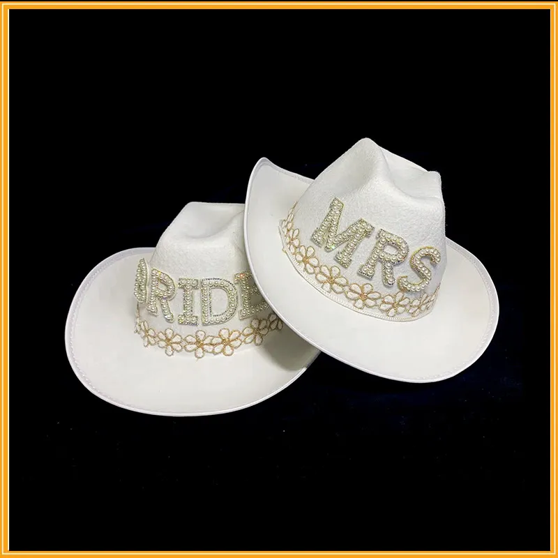 Chapeaux à large bord blanc Dia Fringe Bride Cowgirl Hat Mme Cowboy Bridesmaid Gift Bridal Summer Country Western HatWide_voghion.com