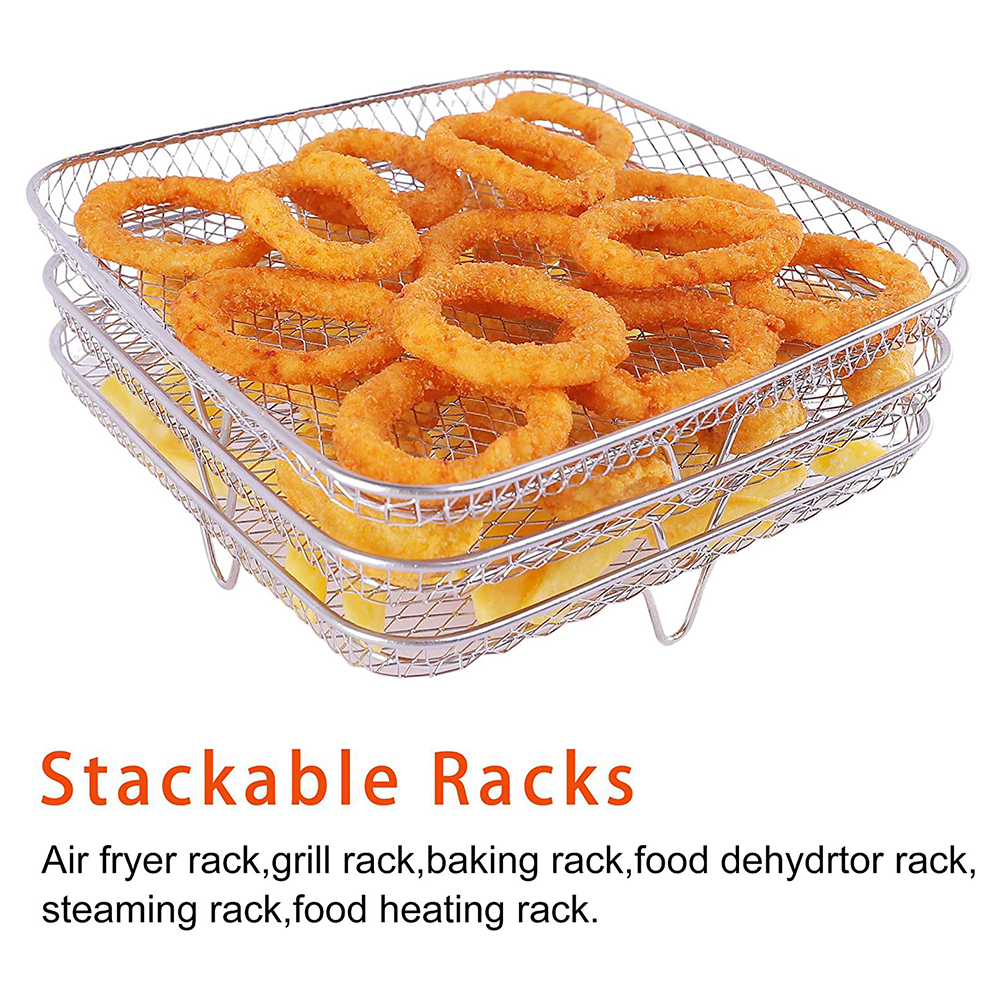 3-lagiger Grillrost für die Heißluftfritteuse, Edelstahlkorb, Bratrosthalter, BBQ-Grill, Kochrost, Dampfgarerrost für Küchenöfen_voghion.com