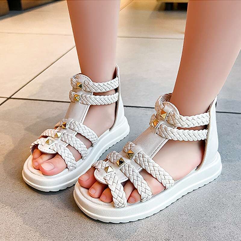 XUANMU Mädchen Römischen Sandalen Offene spitze Geflochtene Einfarbig High-top Einfache Nieten Neue Sommer Hohl Flache Freizeitschuhe Kinder mode Casual Z0107_voghion.com