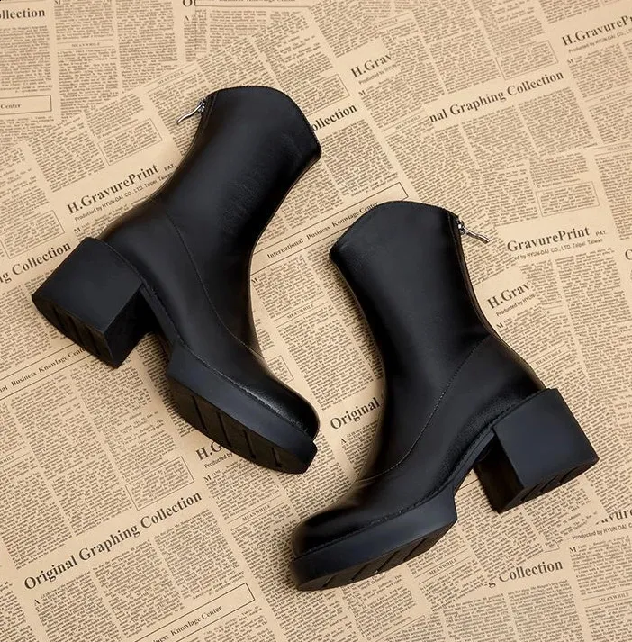 High ankle work very high heels brown short and chubby platform womens waterproof boots black Pu 240911_voghion.com