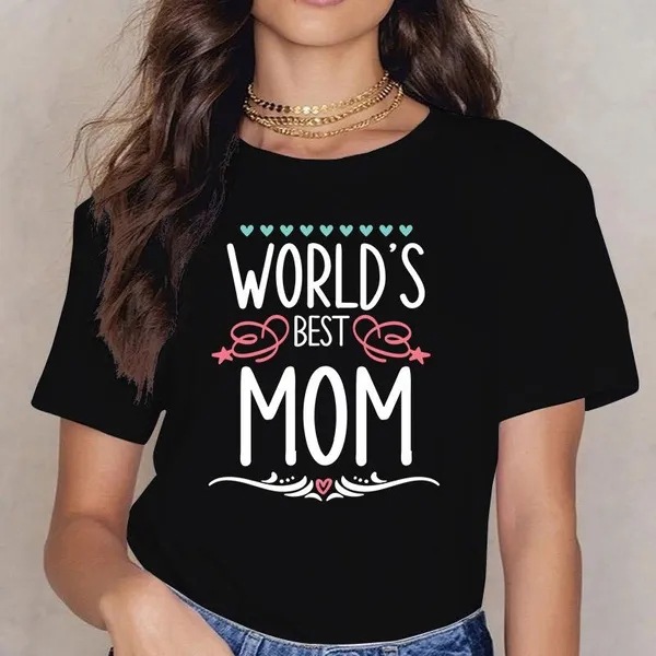 Camiseta de mujer con cuello redondo y manga corta con estampado del Día de la Madre_voghion.com