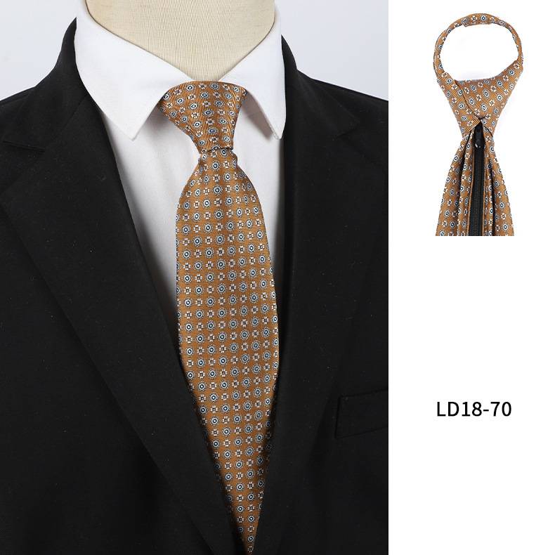 Cravatta sottile da uomo con clip in oro champagne e marrone caffè - Cravatta casual da lavoro senza nodo con cerniera e design a righe retrò_voghion.com