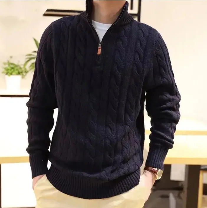Maglioni da uomo, polo da designer, con mezza cerniera, con cappuccio, manica lunga, lavorato a maglia, con cavallo intrecciato, collo alto, uomo e donna, ricamo_voghion.com
