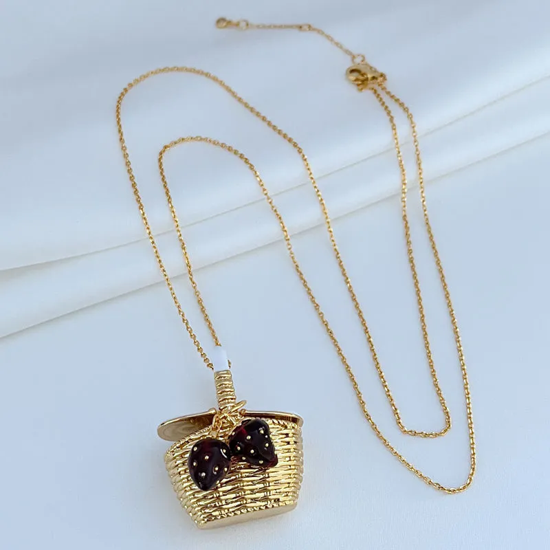 Fashion Sweet Flower Basket Strawberry Pendant Necklace Countryside Style Unique bowknot Womens Metal sailormoon Long_ipsvogv.com