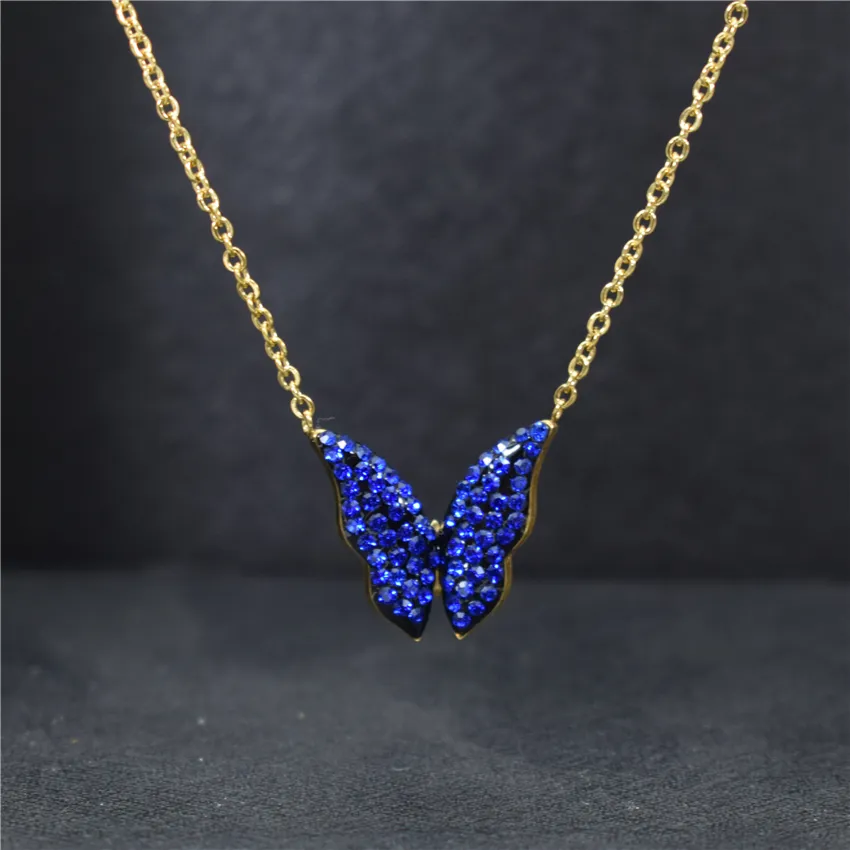 Collane con ciondolo in acciaio inossidabile con catena in oro CZ Collana con farfalla blu per donna Bijoux Femme_voghion.com