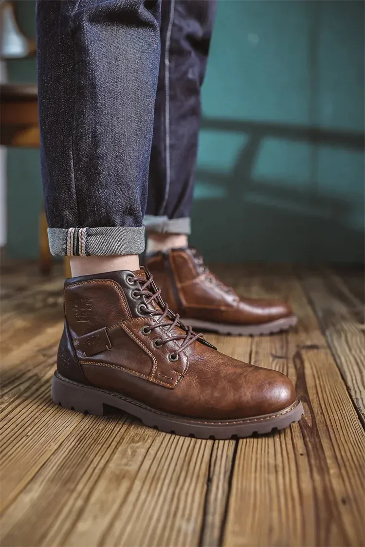 Bottines de travail en cuir marron pour homme, faites à la main, pour l'automne et l'hiver, style vintage, en tendon de bœuf, 240830_voghion.com