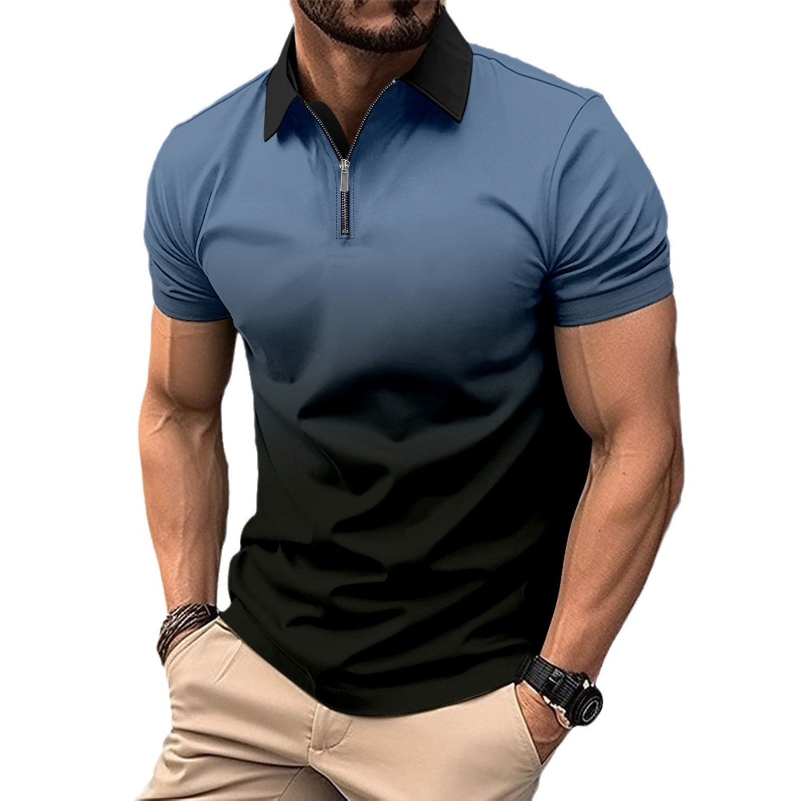 2024 Summer Fast Selling Flat Cloth POLO Zipper Men's Printed Stripe Polo Shirt_voghion.com