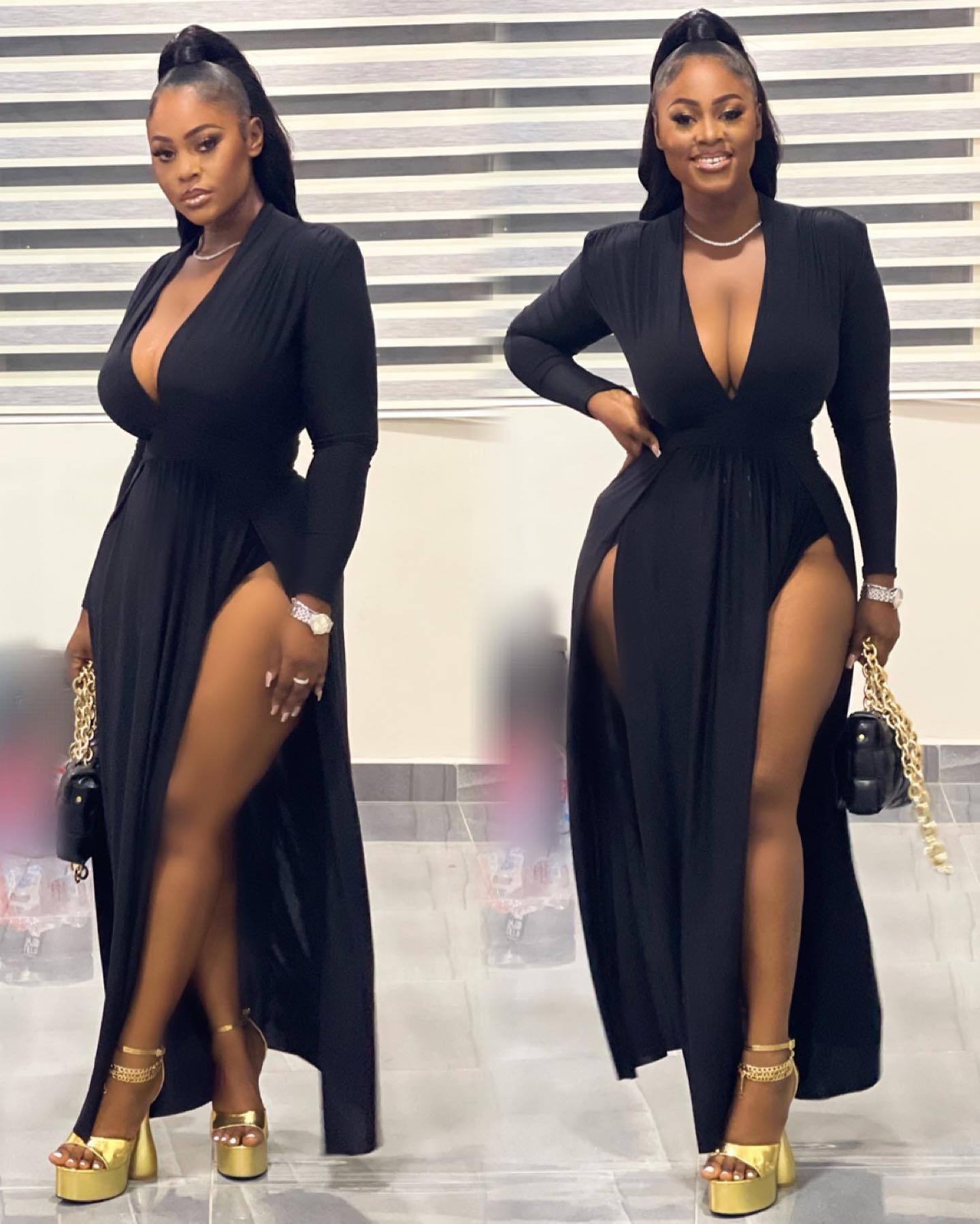 Robe de soirée patchwork sexy à col en V, robe de grande taille_voghion.com