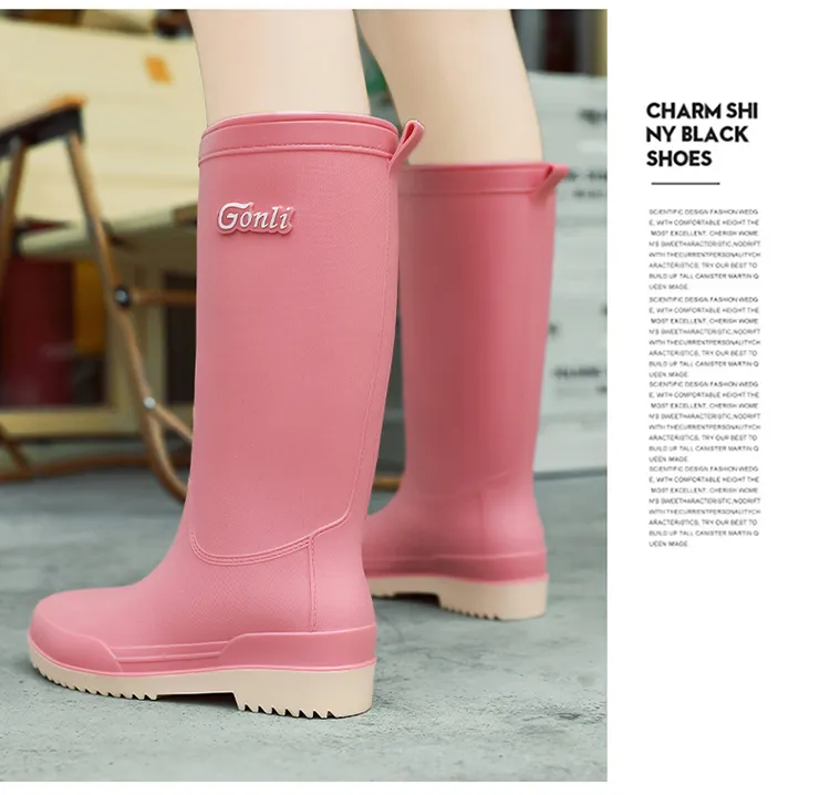 2025 Damen Lange Dicke Sohle Mode Gummistiefel Neue Waterproonti Slip High Tube Regenschuhe Reine Farbe Ruiba X560_voghion.com