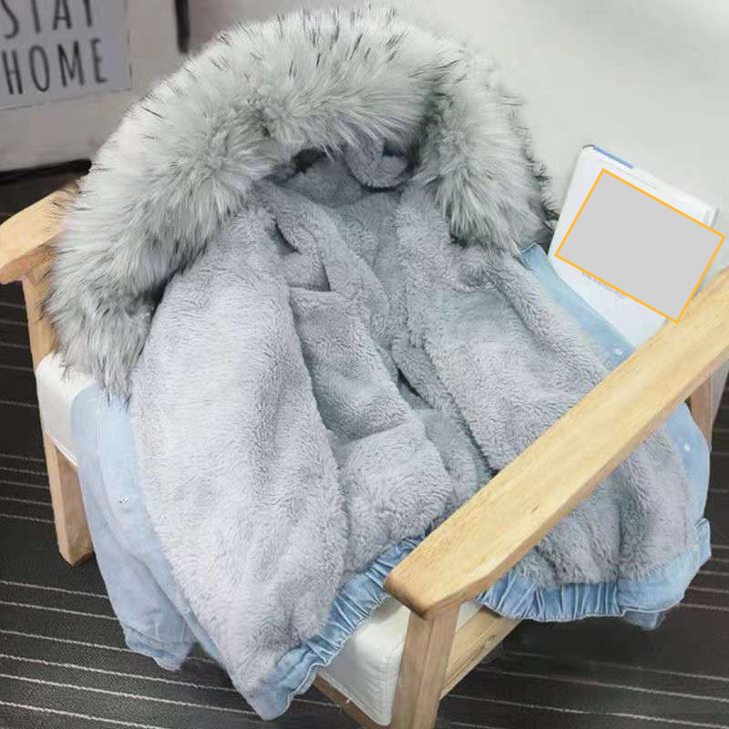 Women's Clothing autumn and winter new denim jacket for women loose female students plus velvet thickened large fur collar hooded jacket for women