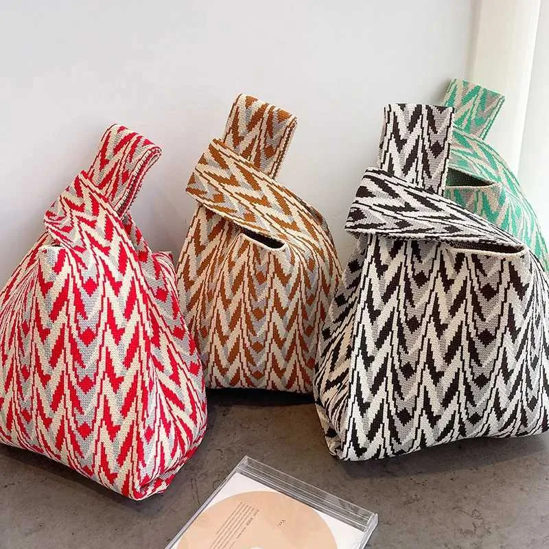 Portafoglio giapponese semplice lavorato a maglia, grande capacità, in tessuto semplice, Fi, mini borsa da polso con nodo, borsa riutilizzabile Y241106_voghion.com