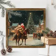Tablou de perete din lemn cu Moș Crăciun cowboy de 20x20 cm - Moș Crăciun festiv din vest, cal călare sub stele. Decor unic de Crăciun, în stil rustic._voghion.com