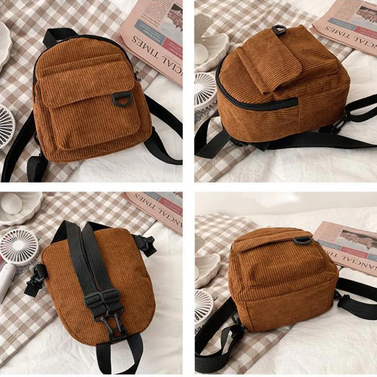 Mini-Rucksack für Damen, modisch, einfarbig, Cord, schlicht, lässig, für Reisen, große Kapazität, Schultasche für Damen 240820_voghion.com