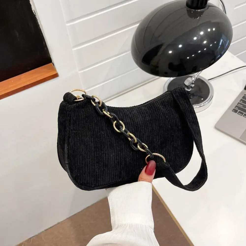 Hobo Chain Corduroy Shoulder Bag Korean Style Solid Color Crossbody Storage Makeup Lipstick Veet Underarm_voghion.com