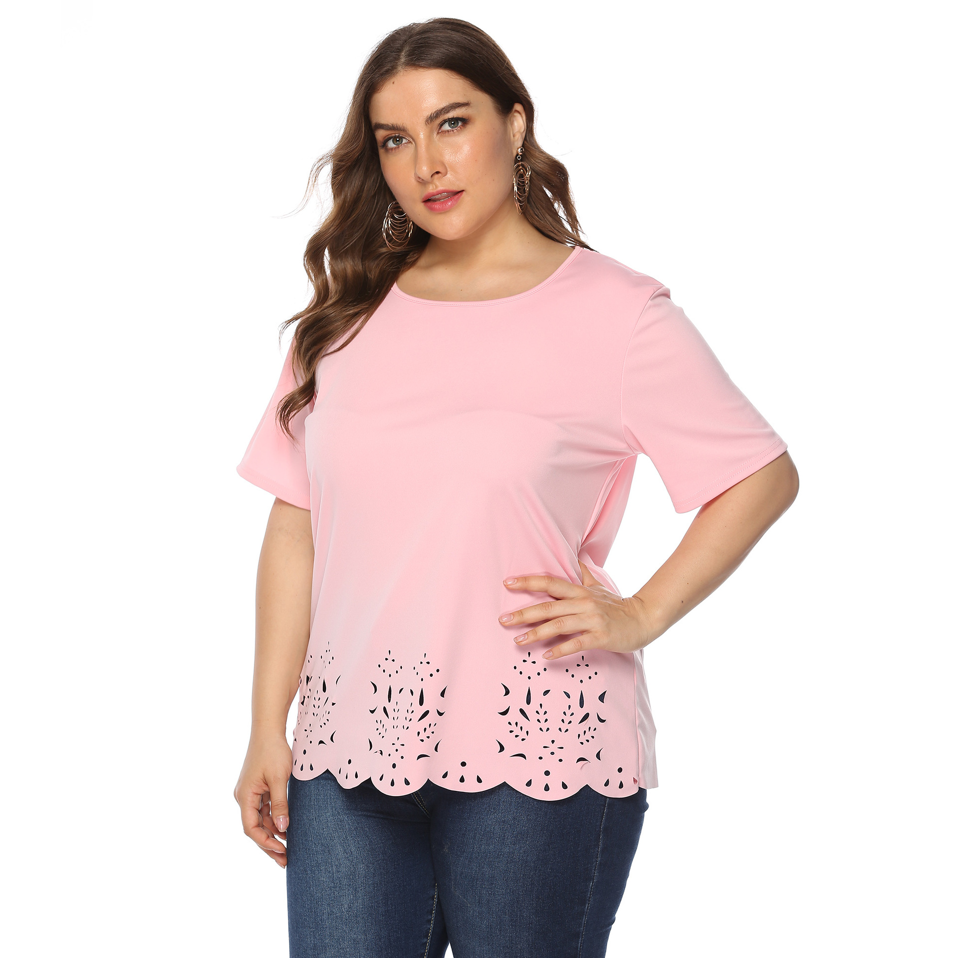 Women's tops large size women's clothing solid color burnt flower hollow wave edge casual short-sleeved T-shirt_voghion.com