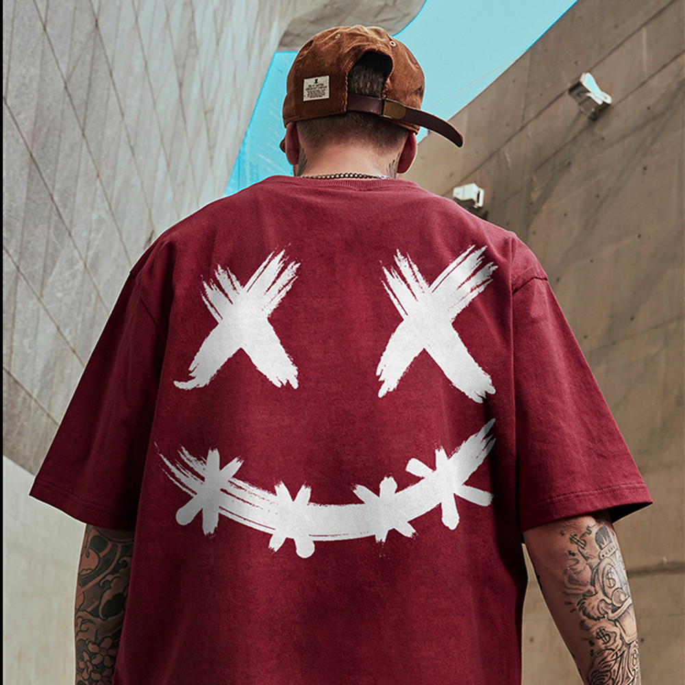 Îmbrăcăminte bărbătească Tricou cu mânecă scurtă pentru bărbați Stil nou Trend național Trend Brand Loose Smiley Face Trend național Fat Man Cu mânecă cu cinci puncte de vară_voghion.com