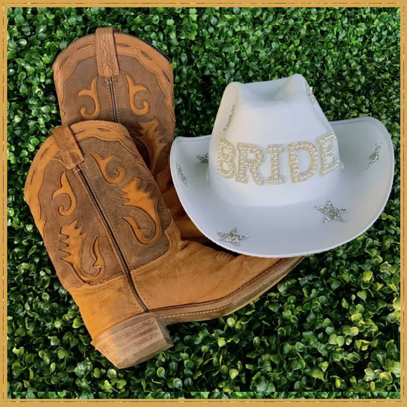 Chapeaux à large bord blanc Dia Fringe Bride Cowgirl Hat Mme Cowboy Bridesmaid Gift Bridal Summer Country Western HatWide_voghion.com