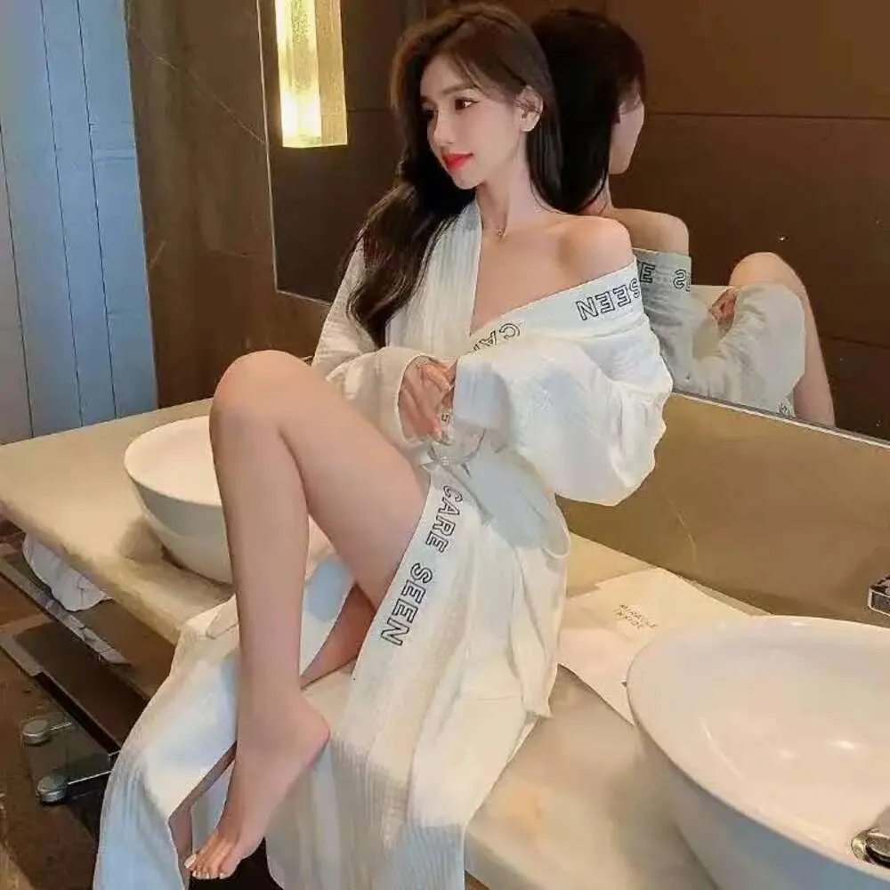 Women Cotton Letter Printing Solid Color Sleeve Pamas Women's Sexy Bathrobe Robes Long Large Size Casual Homewear_voghion.com