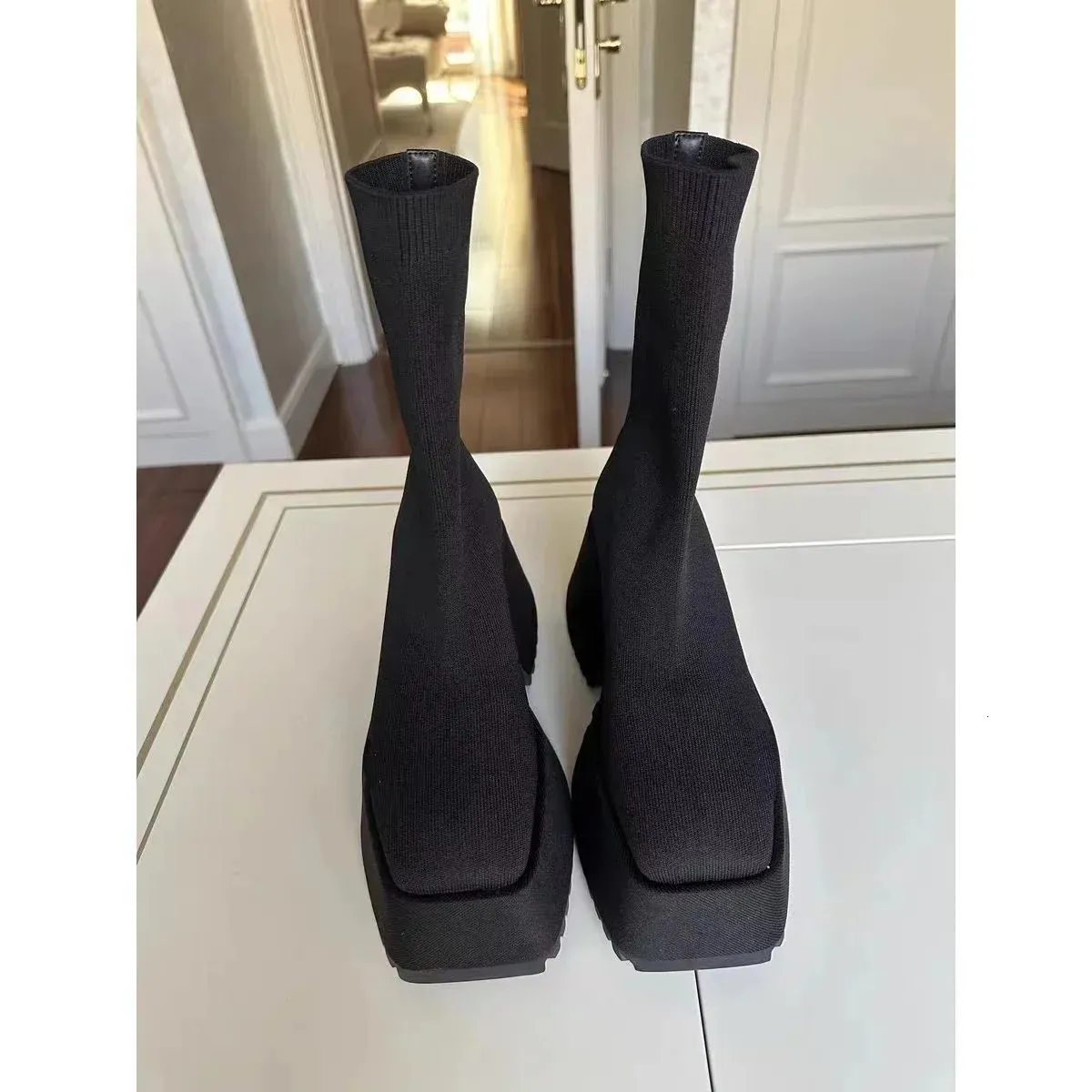 Șosete pantofi casual cu platformă ascunsă pentru femei, toamnă, tricotate, scurte, cizme cu platformă 11cm 241022_voghion.com