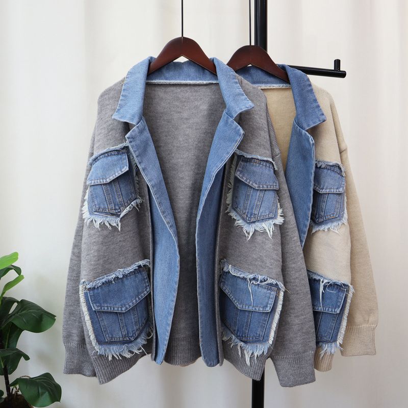 Women's Clothing new denim splicing sweater jacket design loose casual versatile knitted cardigan trend_voghion.com
