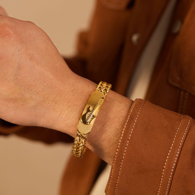 Bracciale da uomo placcato oro, design alla moda in acciaio inossidabile, chitarra tridimensionale_voghion.com