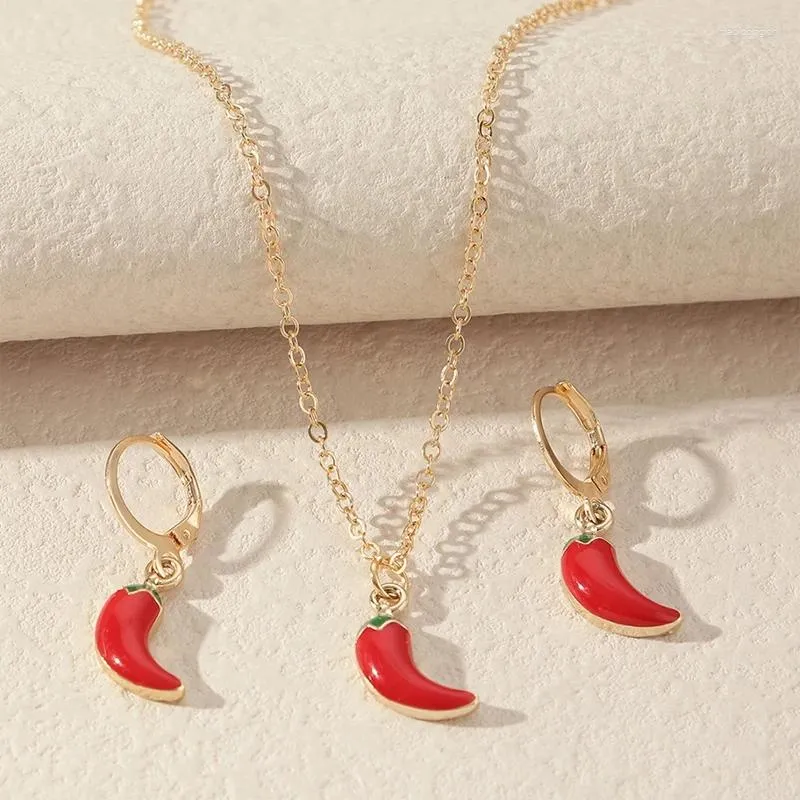 Collana Orecchini Set Coreano Carino Piccolo Rosso Smalto Ciondolo Clavicola Catena Con Peperoncino Gioielli Donna Festa_voghion.com